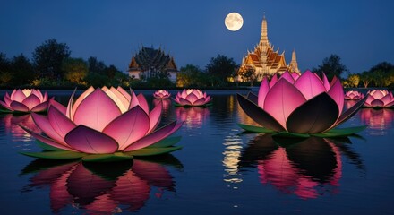 Serene Nightscape of Illuminated Lotus Flowers and a Temple Under the Moonlight, Capturing the Beauty and Tranquility of Asian Culture