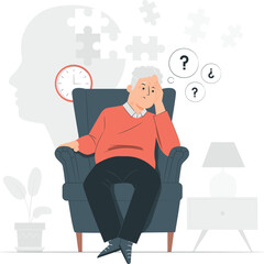 Elderly Man Sitting in a Chair with Puzzles and Question Marks senior confused