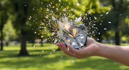 Times Up Exploding Clock Held in Hand Outdoors