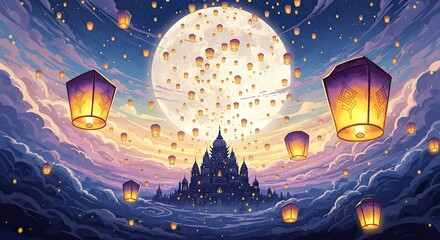 Spectacular Lantern Festival Overlooking a Majestic Castle, Illuminated by a Radiant Full Moon and Dreamy Sky, a Breathtaking Visual Delight