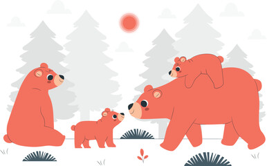 Family of bears in a forest setting with sun and trees cubs mother