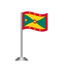 Grenada Flag Waving on Pole Isolated on Transparent Background