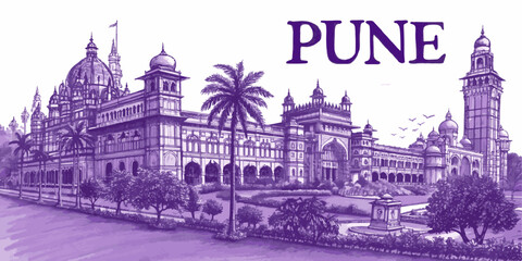 Fototapeta premium Pune Skyline Sketch with Cultural Landmarks for Tourism – Hand-Drawn Vector Featuring Shaniwarwada, Dagdusheth Temple, Aga Khan Palace, and University Dome – Perfect for Travel Posters and Souvenirs
