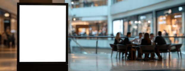 Blank advertising display mockup in mall with group of people dining nearby  