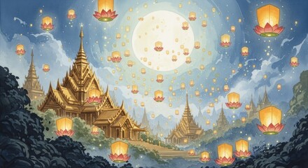 Magical Sky Lantern Festival Over Golden Thai Temple, A Watercolor Illustration of Serenity and Celebration Under a luminous moon in