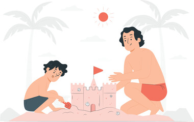 Father and Son Building Sandcastle on Beach vector illustration