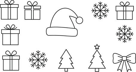 Festive Christmas line art icons featuring Santa hat, snowflakes, gift boxes, holiday bow, and Christmas trees for winter holiday designs