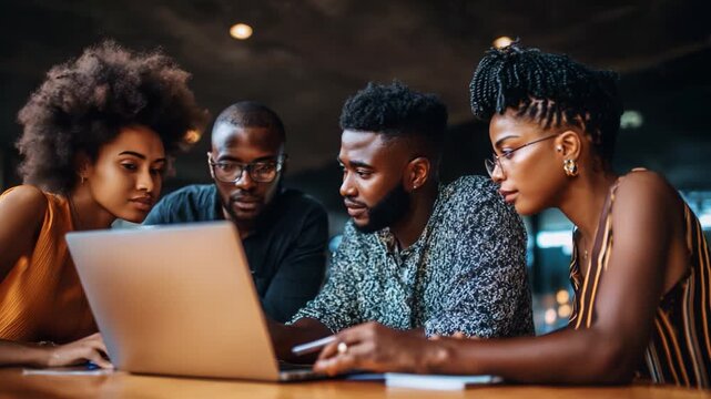 Collaborative Group Engaged in Deep Focus on Laptop Screen, Analyzing Data and Sharing Insights, Reflecting Creativity and Teamwork in Modern Work Environment