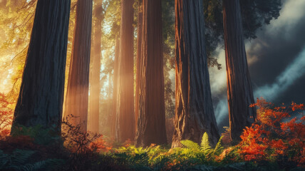 cinematic golden forest with sunlight streaming through tall trees, soft mist curling between trunks, delicate shadows, luxurious lush foliage