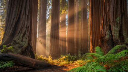 cinematic golden forest with sunlight streaming through tall trees, soft mist curling between trunks, delicate shadows, luxurious lush foliage