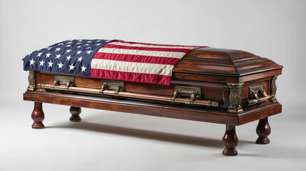 Solemn flag-draped wooden coffin during funeral ceremony, honoring fallen heroes with respect, mourning, tribute, and patriotic remembrance on display
