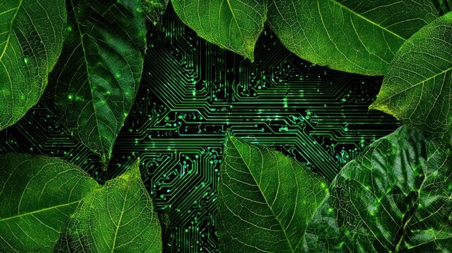 Green Technology Harmony: A captivating fusion of nature and technology. Lush green leaves frame a complex circuit board, a striking visual representation of sustainability and digital innovation.