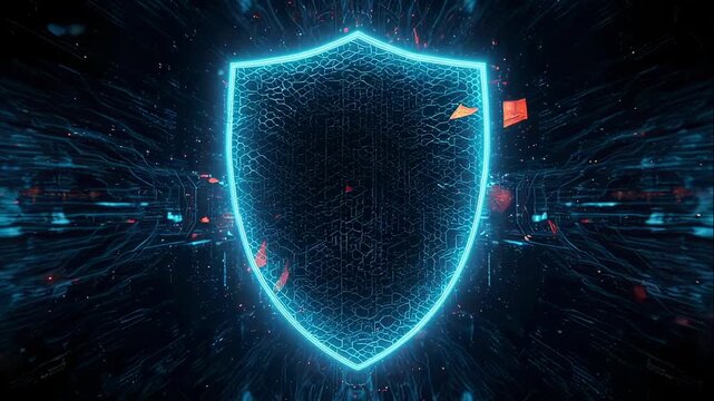 Glowing blue shield with fragments on dark digital background