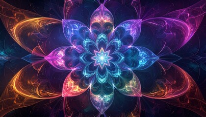 "Digital abstract flower art with fractal-inspired petal patterns, symmetry, and luminous neon gradient colors, high-tech yet organic"