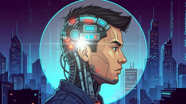 Cyborg man with futuristic enhancements in city