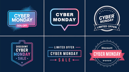 Vector art of collection of cyber monday sale badges and labels with neon glow effect