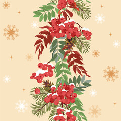 Winter vertical pattern with rowan berries and fir branches. Seamless vector illustration. Suitable for decorating textiles and packaging.