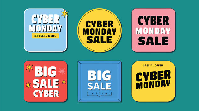 Vector art of collection of cyber monday and big sale labels and badges in various shapes and colors, square and circle design elements for promotion