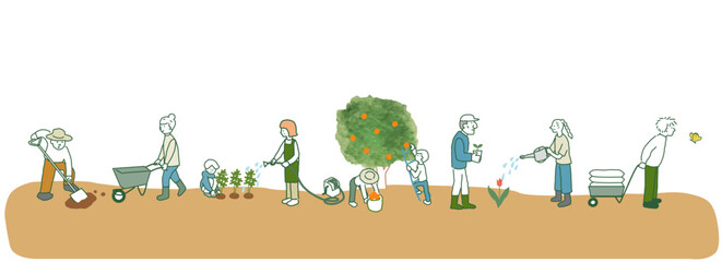 緑を育てる人々　ベクターイラスト