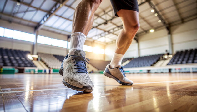 Low Angle Shot of Athlete's Legs and Shoes on Gym Court - Powered by Adobe