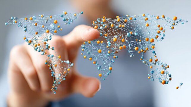 A hand interacts with a digital world map composed of interconnected nodes and lines, symbolizing global connectivity and technology.