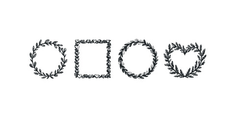 Obraz premium Hand drawn wreath and heart frame with foliage elements