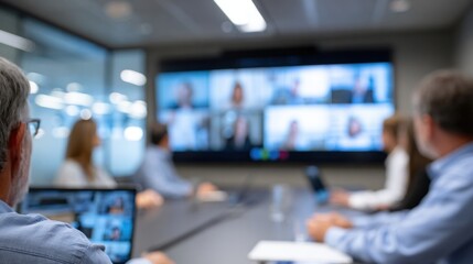 Fototapeta premium A group of professionals engaged in a video conference meeting in a modern conference room with screens displaying remote participants.