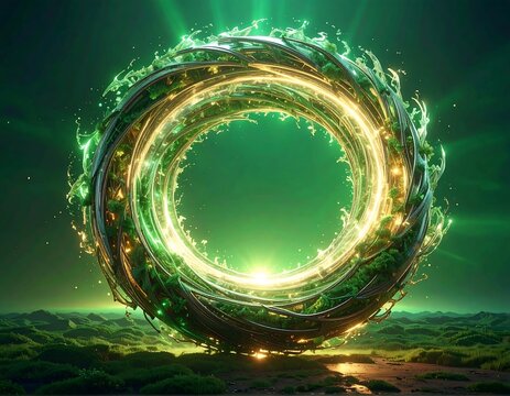 A vibrant ring of interconnected metallic elements and lush green foliage, emitting golden light. The circular portal rests on verdant, undulating terrain