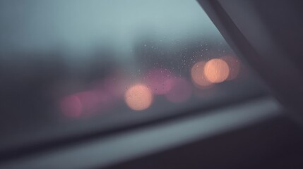 A blurred view through a rain-streaked window, showcasing soft, colorful lights and an atmospheric, moody ambiance.