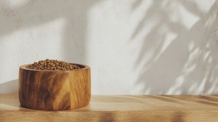 A wooden bowl filled with coffee beans rests on a smooth surface, illuminated by soft shadows against a light wall.