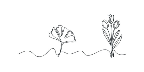 Continuous line drawing of a ginkgo leaf and tulips