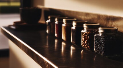 A row of glass jars filled with various colorful ingredients, neatly arranged on a countertop, illuminated by soft natural light.