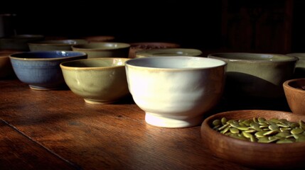 A serene arrangement of colorful bowls on a wooden surface, illuminated by soft light, with seeds in a wooden dish nearby.