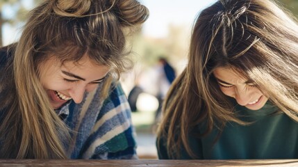 Two young women are laughing together, enjoying a light-hearted moment while sitting outdoors. Their expressions convey joy and friendship.
