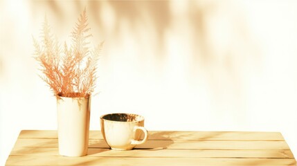 A serene image featuring a potted fern and a cup on a wooden table, bathed in soft, warm light, creating a calming atmosphere.