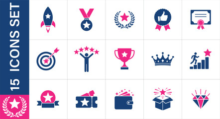 A set of achievement and success icons. including a rocket, medal, trophy, and star, 
symbolizing goals, recognition, and rewards