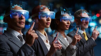 A Diverse Group of Professionals Engaged with Augmented Reality Interfaces, Showcasing Data Visualizations and Advanced Technology in a Modern Business Environment. - Powered by Adobe