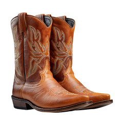 A pair of light brown leather cowboy boots with detailed stitching and ornate embroidery, isolated on transparent background