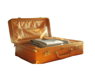 Luxury Travel Moment – Open Tan Suitcase with Gold Accents