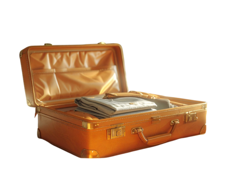 Luxury Travel Moment – Open Tan Suitcase with Gold Accents