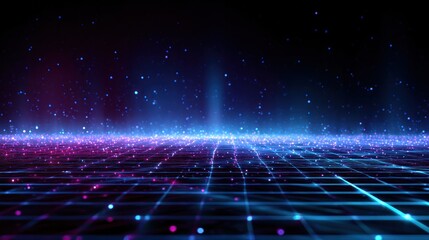 Digital Cosmos: An evocative digital landscape where vibrant neon grids intersect, giving way to a mesmerizing display of glowing dots and celestial light, creating a sense of infinite expanse.