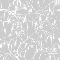 White branches isolated on a gray background. Seamless pattern. Alder tree. 