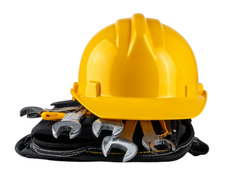 Industrial Work Concept – Modern Hard Hat with Belted Tools - Powered by Adobe