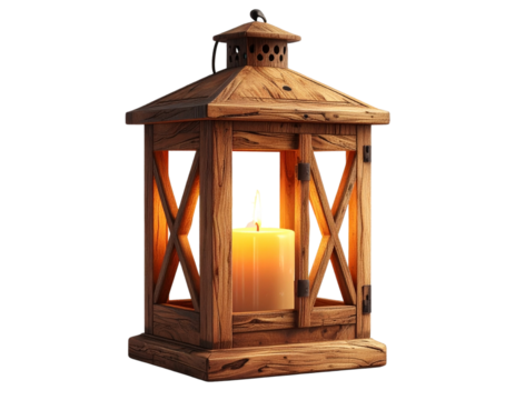 Rustic Wooden Lantern with Candle Light for Farmhouse Decor transparent background