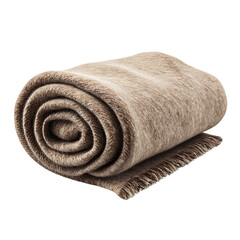 A rolledup textured brown wool blanket with fringe detail, isolated on transparent background