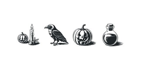 Obraz premium Halloween objects with carved pumpkins and raven