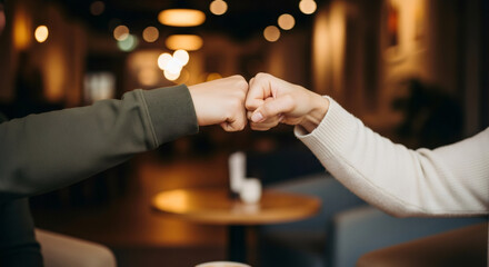 Two friends connecting with a fist bump, celebrating unity and friendship indoors.