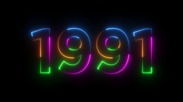 Glowing neon 1991 happy new year 1991 animated text new year on black background. Abstract 1991 neon text animation,.Digital font against neon line looping animation.