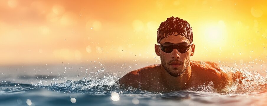 Fitness strength regimen concept. Swimmer making a powerful stroke during a sunset, creating splashes in the water.