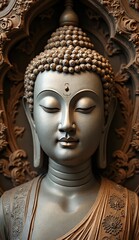 Serene Buddha Statue with Intricate Carvings and Calm Expression